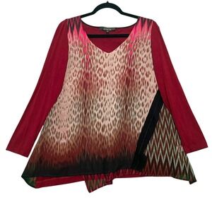 Poeme Citron Womens Tunic Top M Mixed Media Abstract Print Red Boho Art to Wear